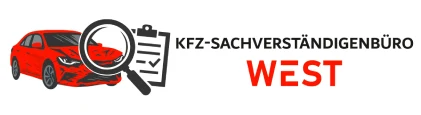 Logo Kfz-Sachverständigenbüro West mit rotem Unfallauto, Lupe und Gutachten-Symbol